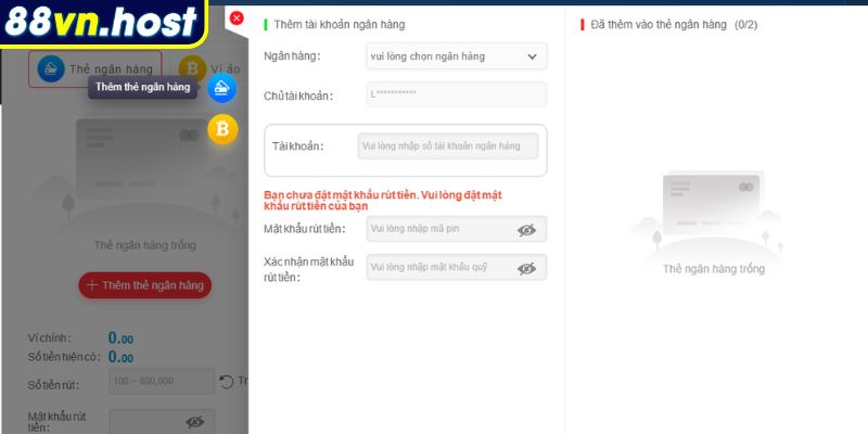 Tạo mật khẩu rút tiền 88VN